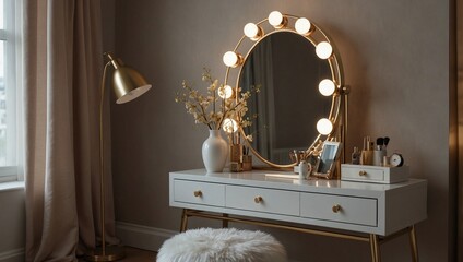 photo of make up table with large mirror made by AI generative