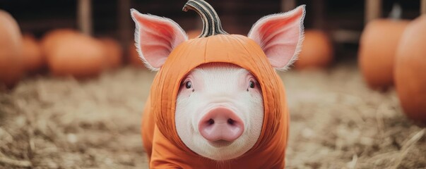 Pig dressed as a pumpkin walking through a spooky barnyard, pumpkin pig, Halloween farm animal