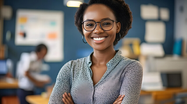 Portrait of smiling african woman teacher posing with arms crossed in classroom, elementary to university educatio