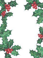 Frame of hand-painted watercolor illustrations of holly leaves and berries. Christmas frame of holly leaves and berries. Perfect for festive Christmas decor.