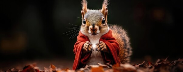 Squirrel wearing a wizard's robe, casting spells in a dark forest, wizard squirrel, mystical woodland creature