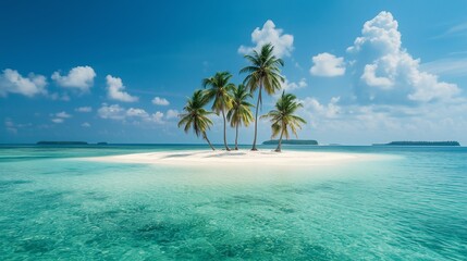  A stunning tropical paradise featuring a white sandy beach lined with tall palm trees, surrounded by crystal-clear turquoise waters under a bright blue sky with fluffy clouds.