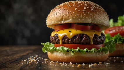 Detailed focus photo of a delicious looking hamburger made by AI generative