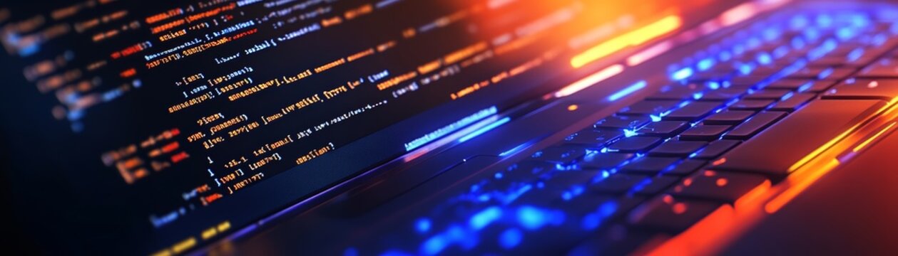 Close up of Laptop Keyboard with Code on Screen