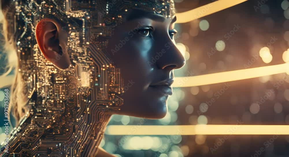 Poster an intricate illustration merging a human profile with circuit board patterns reflecting the blend o