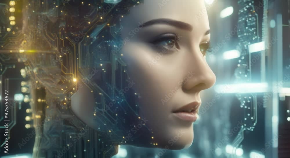 Poster an intricate illustration merging a human profile with circuit board patterns reflecting the blend o