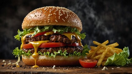 focus photo of delicious looking hamburger on black background made by AI generative