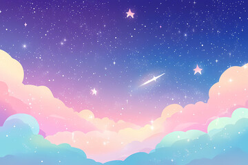 Cute pastel galaxy vector background with stars, moon, and clouds in pink, purple, and blue colors