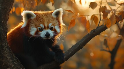 Fototapeta premium cute little red panda sitting on tree branch