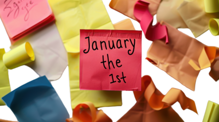 January the 1st , New Year 2025 on a sticky note on transparent background