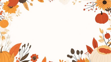 a border with autumn and halloween elements like pumpkins, sunflowers, leaves, and pies. White isolated background. Graphic for festive event.