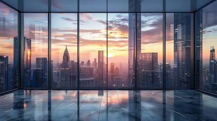 Fototapeta premium A large room with a view of a city skyline with building at sunset