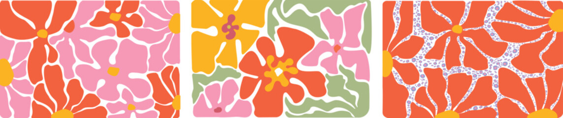 Groovy abstract flower art set. Organic doodle shapes in trendy naive retro hippie 60s 70s style. Contemporary poster and background. Floral botanic vector illustration in pink, yellow, green, colors.