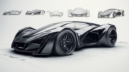 Futuristic Concept Car Design with Multiple Sketches Showcasing Sleek and Innovative Automotive Engineering