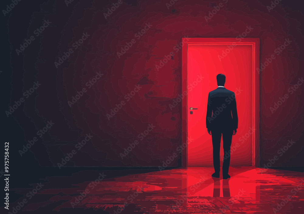 Poster business manager unlocking solutions standing at red door, minimalistic vector illustration symboliz