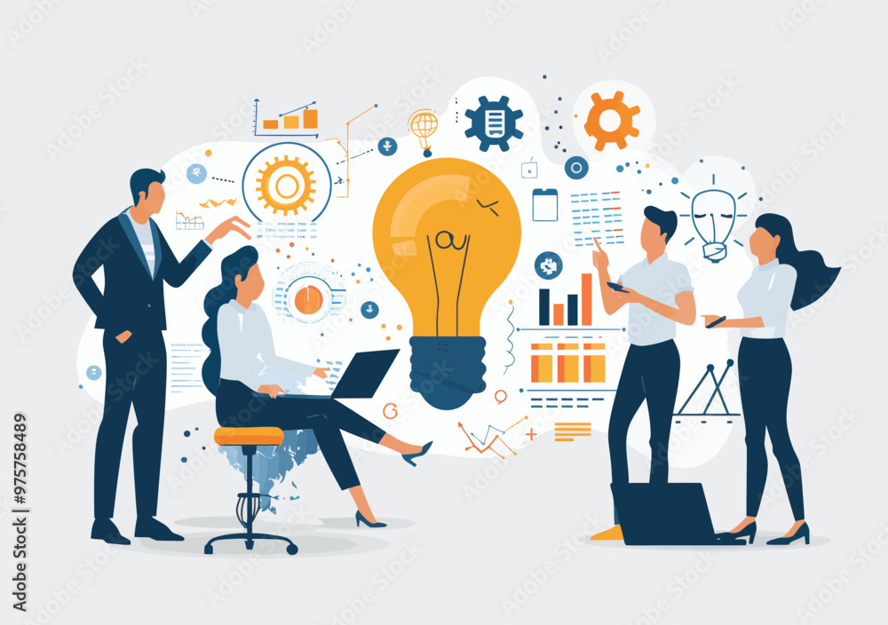 Poster business team brainstorming new project ideas with digital and statistical growth concept in minimal