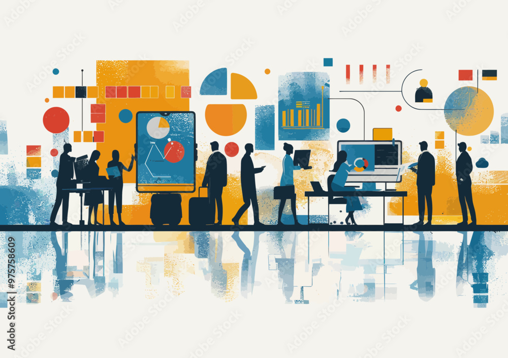 Poster large business team collaborating in digital workspace with graphs and charts, vector illustration d