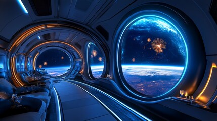Fototapeta premium Futuristic Spaceship Interior with Earth View and Fireworks