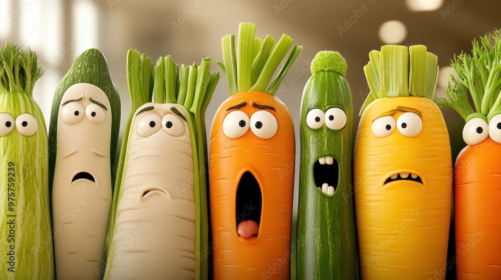 Poster A row of vegetables with faces and eyes made out of carrots, AI