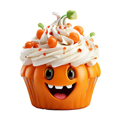cute 3d cupcake orange pumpkin halloween on transparent background cutout, PNG file. cartoon Style