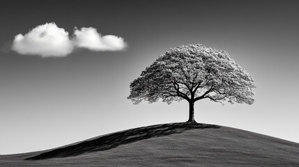 Fototapeta premium Black and White Landscape with Tree on Hill