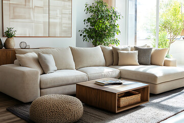 Bright beige modern living room with a comfortable sofa, coffee table