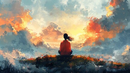 Obraz premium color block pastel illustration of woman from the back sitting in mindful meditating in nature mountain clouds sky peace/clarity/mental wellbeing/balance digital painting hand drawn look