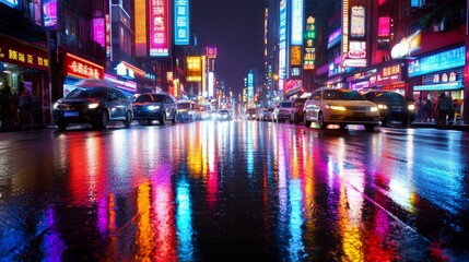 Neon Lights Reflecting in Wet Street at Night