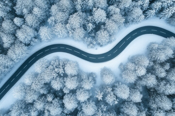Aerial view of a winding road passing through a snowy forest
