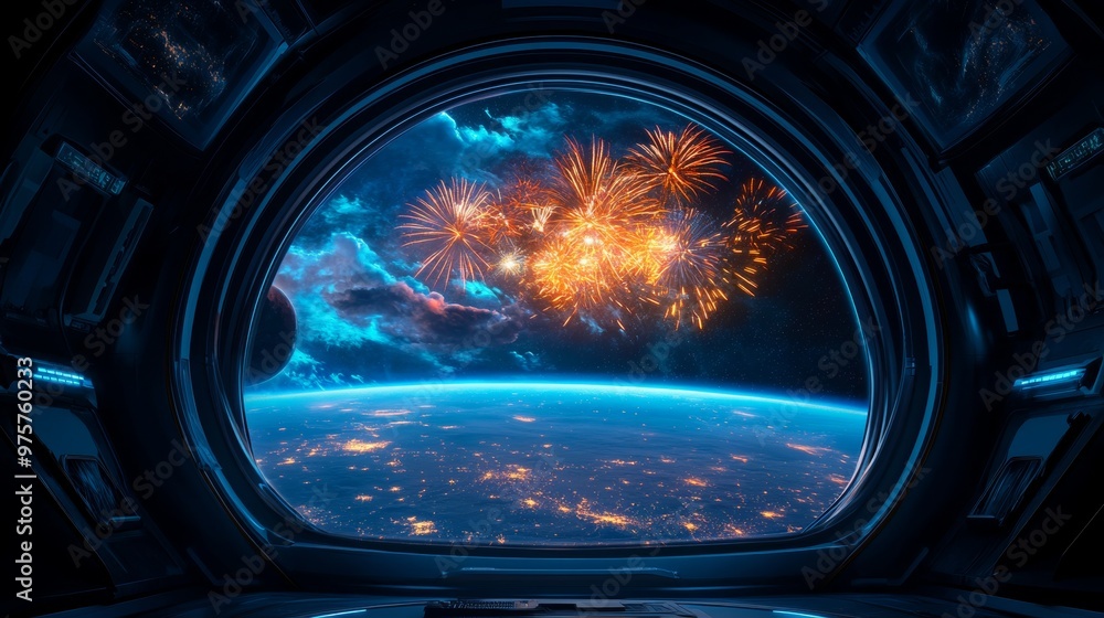 Poster futuristic spaceship window view of earth with fireworks display