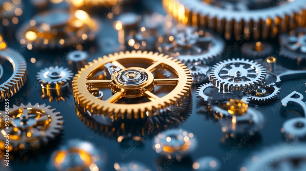 Poster golden gears and cogs mechanism closeup