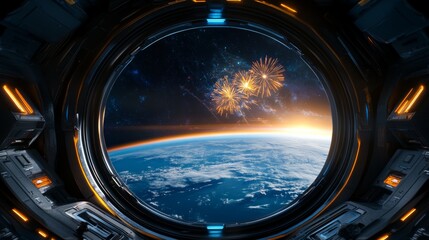 Obraz premium Spacecraft Window View of Earth with Fireworks
