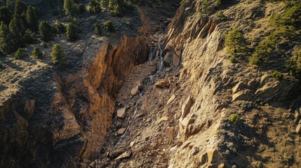 Obraz premium Aerial view of a landslide, with loose rocks and earth cascading down a steep cliffside.