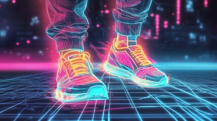 Neon glowing sneakers on a grid floor in a retro style.