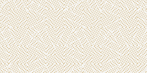 Vector gold and white geometric seamless pattern with small shapes, stripes, rhombuses, squares, crossing lines, dots. Modern abstract geometry. Golden minimal background texture. Repeated geo design