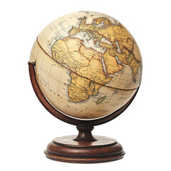 Vintage globe on a wooden stand isolated white background