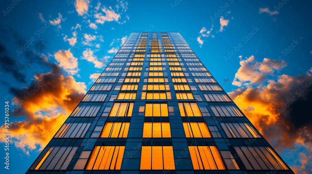 Poster modern skyscraper building with sunset reflection in windows