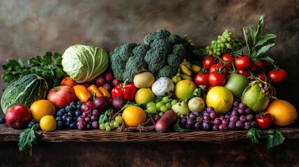 A colorful display of fresh fruits and veggies, arranged on a rustic table, representing a nutritious diet