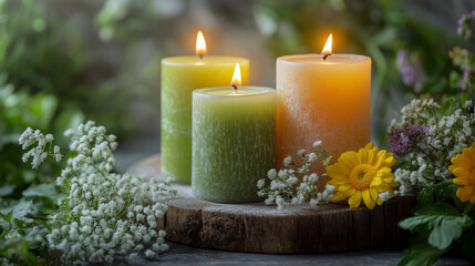 Tranquil Aromatherapy Candles with Fresh Spring Flowers on Rustic Wood