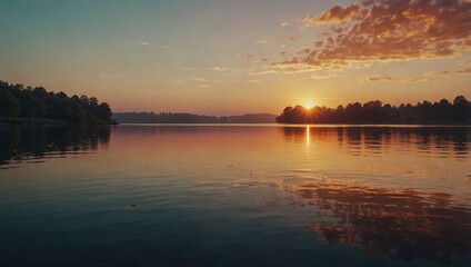 Fototapeta premium photo of lake view in the afternoon with sunset background made by AI generative