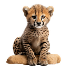 Cute Baby Cheetah Sitting On Rock With Sad Expression And Fluffy Fur On Transparent Background