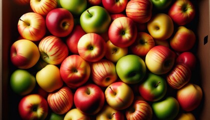 A vibrant collection of fresh apples in shades of red, yellow and green, with a mix of solid and striped patterns on their skins, arranged in rows, with the apples appearing plump and appealing, shot 