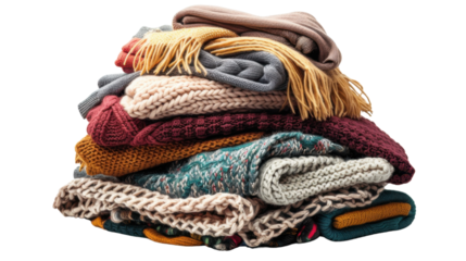A mixed pile of winter clothes on transparent background