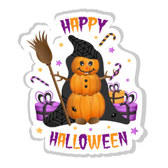 Happy Halloween sticker, flyer on white background with candy, gifts and spiders on pumpkin man.