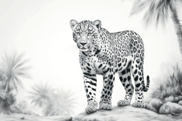 Majestic leopard in monochrome landscape