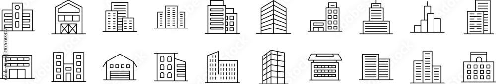 Poster collection of line icons of building. editable stroke. minimalistic linear pictogram for design of c