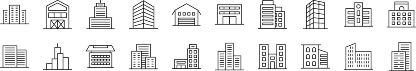 Set of Line Icons of Building. Editable Stroke. Minimalistic Linear Pictogram for Design of Cards, Apps, Banners, Posts