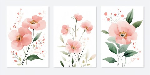 Set of Three Watercolor Floral Cards with Soft Pink Flowers, Green Leaves, and Delicate Details on White Background

