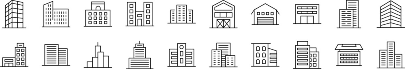 Building Outline Web Line Icons Collection. Editable Stroke. Minimalistic Linear Pictogram for Design of Cards, Apps, Banners, Posts