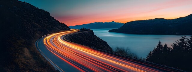 A long exposure photograph of the glowing lights from cars driving along a highway on top of hills